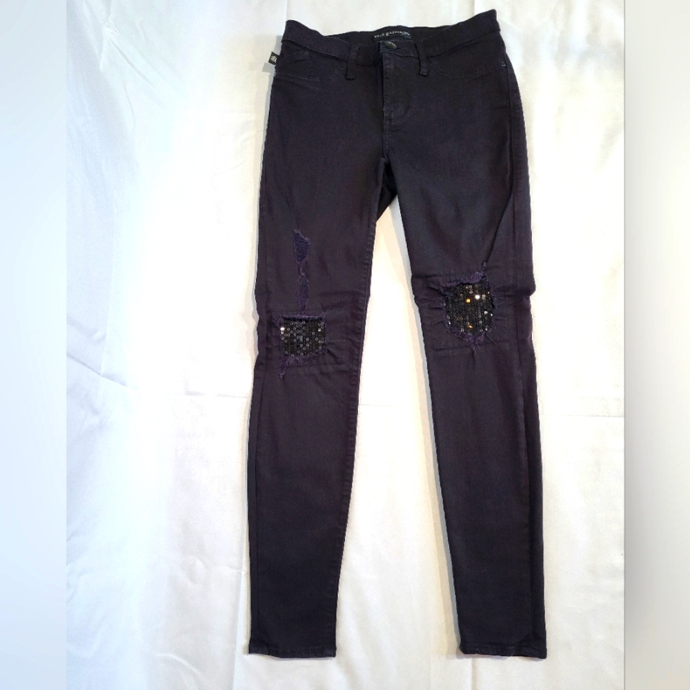 Rock & Republic Distressed Black Jeans Sequined Knees Womens 10L Rock Glam
